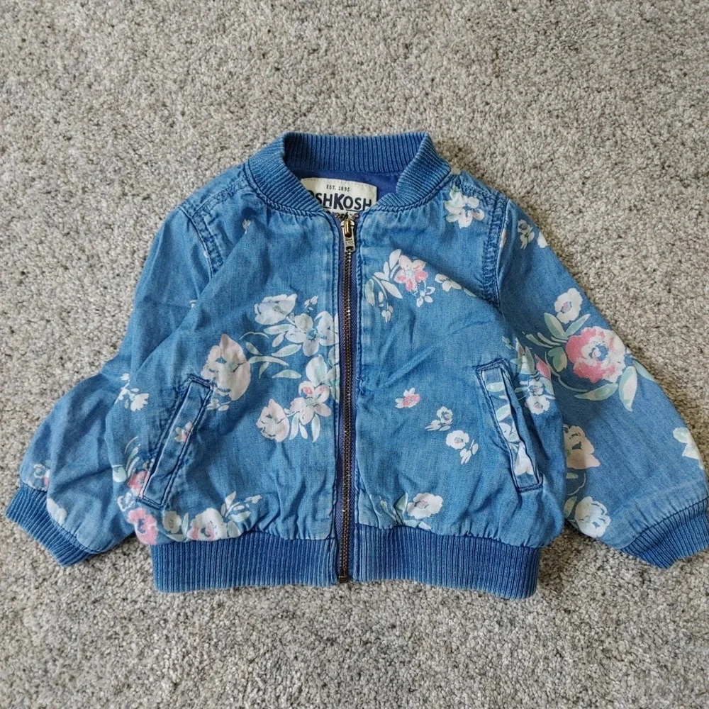 OshKosh B'gosh Baby Girls 6M Denim Floral Bomber Jacket Blue Pink 90s Style